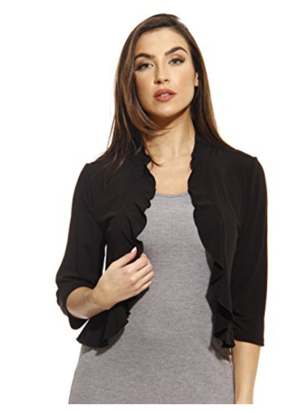 Women's Ruffled Shrug Cardigan 3/4 Sleeve Stretch Knit Bolero Layer